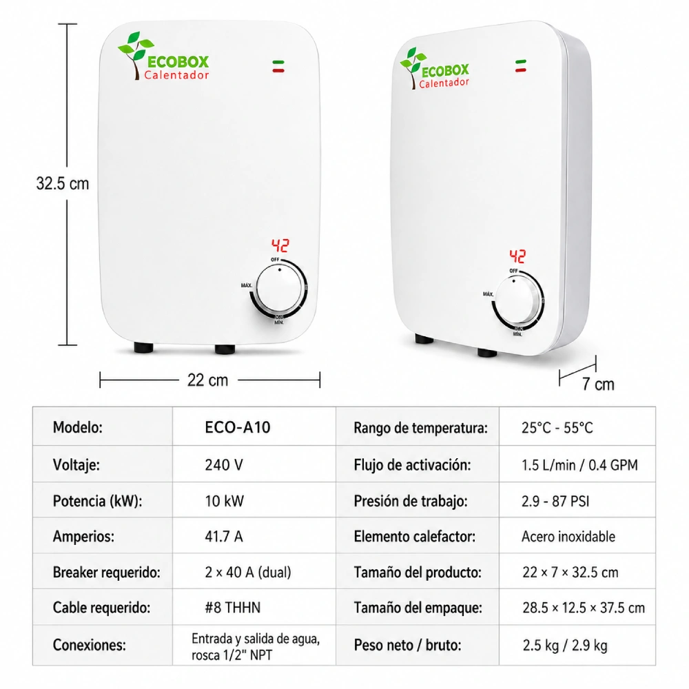 Ficha técnicas y dimensiones del calentador de auga ecobox modelo de 10kw