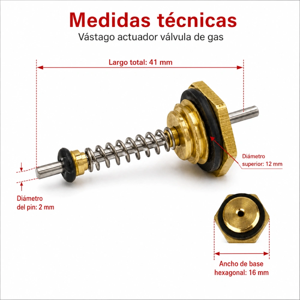 Medidas técnicas del vástago actuador de válvula de gas: 41 mm de largo, base de 16 mm y diámetro superior de 12 mm